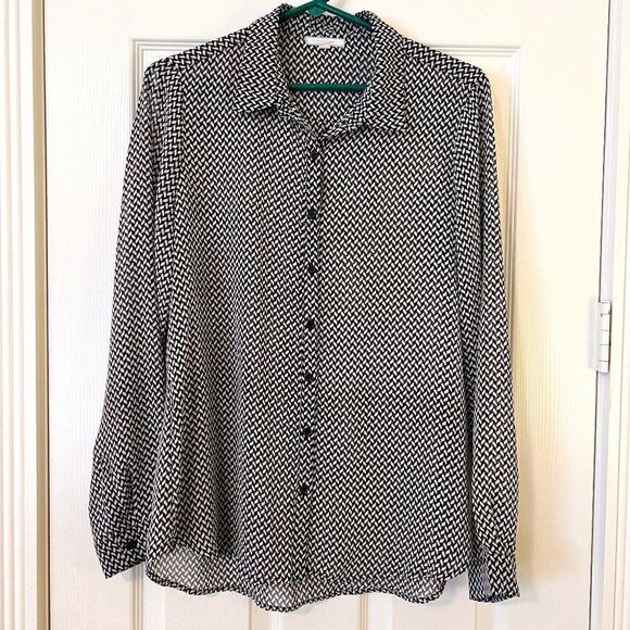 Pleione Semi Sheer Black and White Herringbone Button Down Blouse Size L - Picture 1 of 7